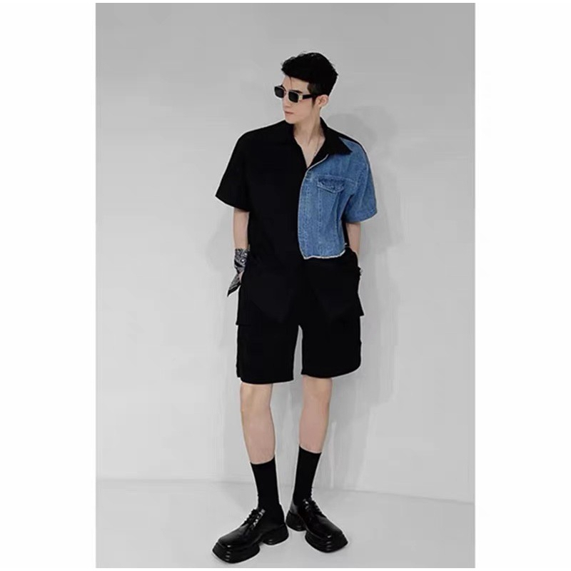 Áo Sơ Mi Ngắn Tay Phối Jean Form Rộng Unisex Chất Lụa Chống Nhăn Thoáng Mát