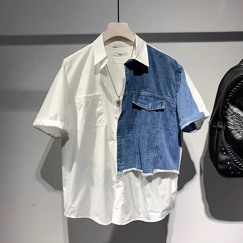 Áo Sơ Mi Ngắn Tay Phối Jean Form Rộng Unisex Chất Lụa Chống Nhăn Thoáng Mát