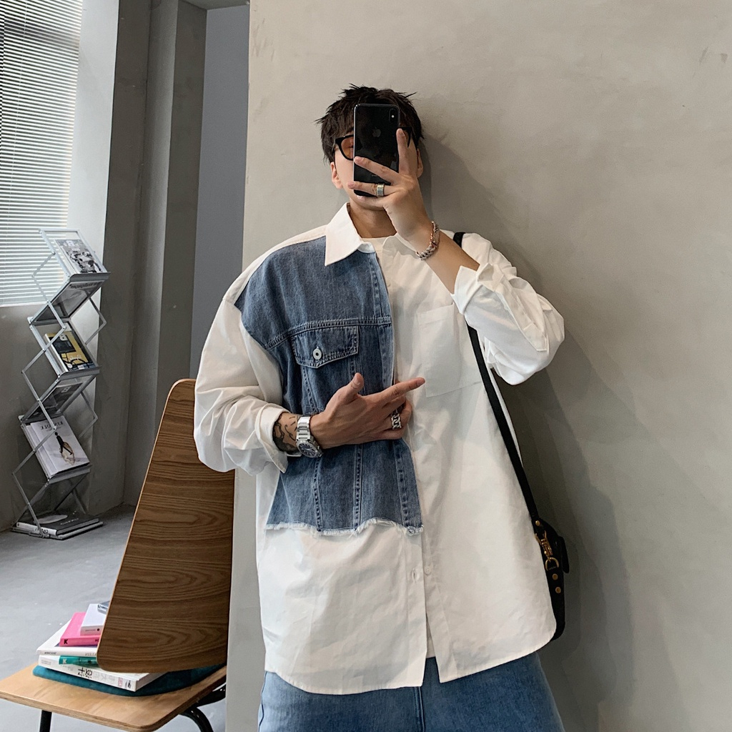 Áo Sơ Mi Dài Tay Phối Jean Độc Lạ Form Rộng Unisex Chất Lụa Chống Nhăn Thóang Mát Phong Cách Hàn Quốc
