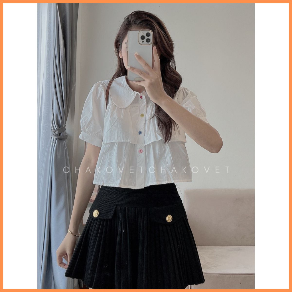 Áo Sơ Mi Nữ Cổ Sen Dáng Ngắn A8612 Sơ Mi Bèo 2 Tầng Tiểu Thư Tay Phồng Cúc Mix Nhiều Màu Đi Học Đi Chơi - CHAKOVET
