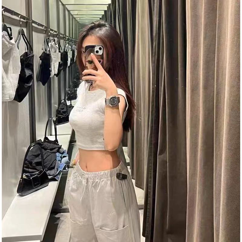 Áo Croptop Chữ Thêu Màu Ghi Xám Zara