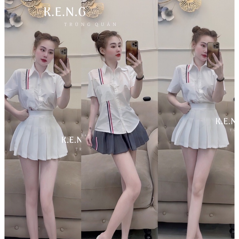 Set đồ nữ áo sơ mi chân váy xếp li Thome đi chơi phố siêu dễ thương