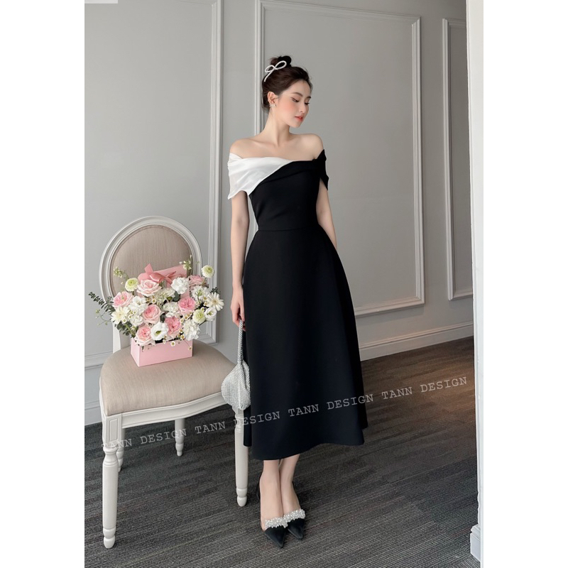 Váy 2 dây trễ vai phối đen trắng cao cấp