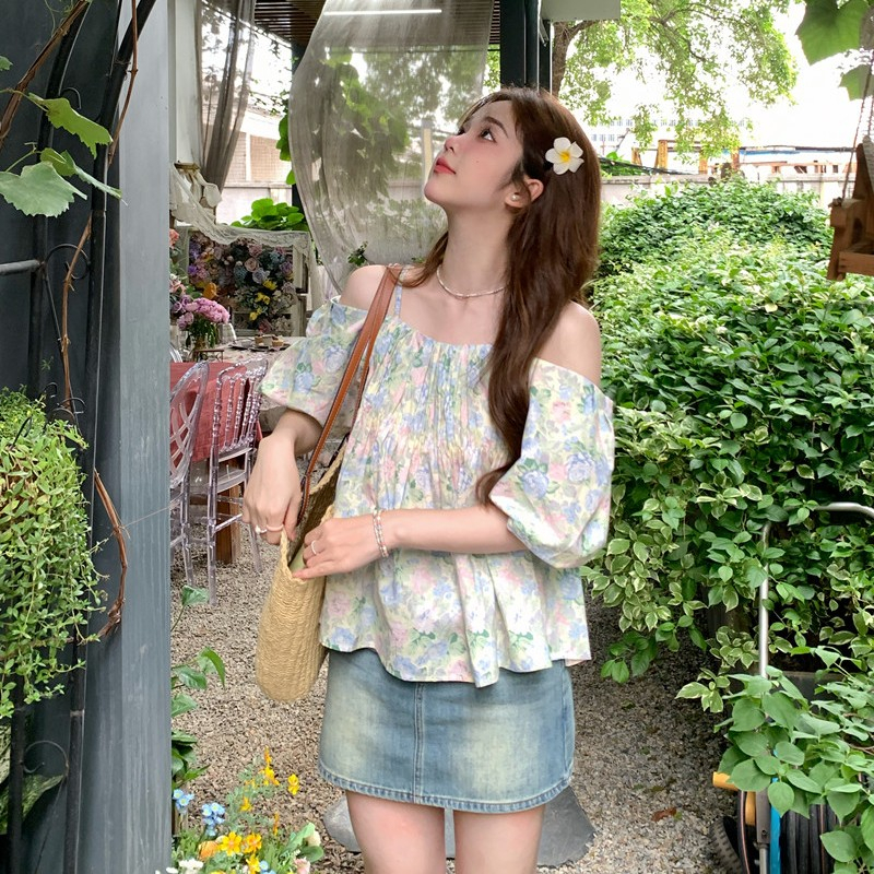 Áo trễ vai tay bồng hoa nhí phong cách hàn quốc, áo bánh bèo TV117
