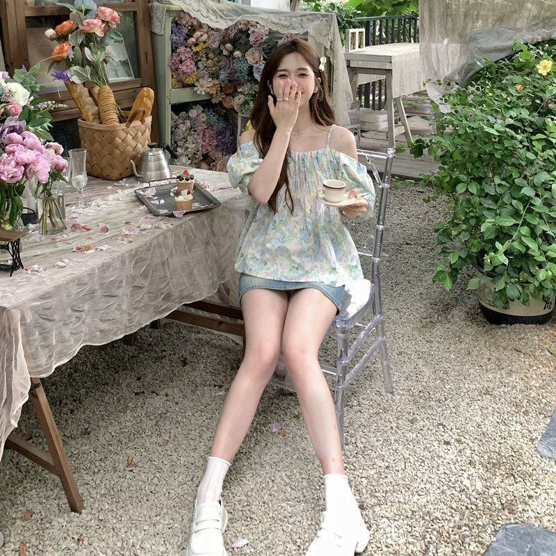 Áo trễ vai tay bồng hoa nhí phong cách hàn quốc, áo bánh bèo TV117