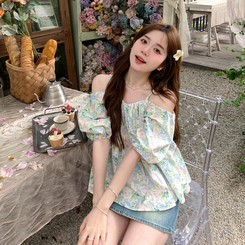 Áo trễ vai tay bồng hoa nhí phong cách hàn quốc, áo bánh bèo TV117