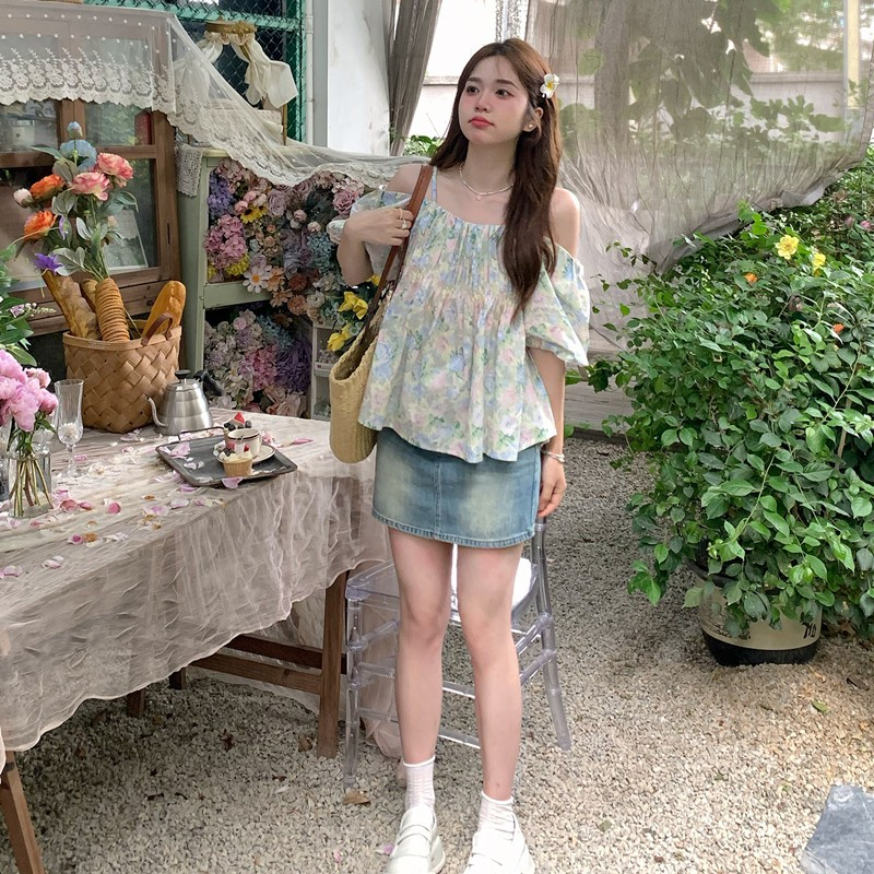 Áo trễ vai tay bồng hoa nhí phong cách hàn quốc, áo bánh bèo TV117