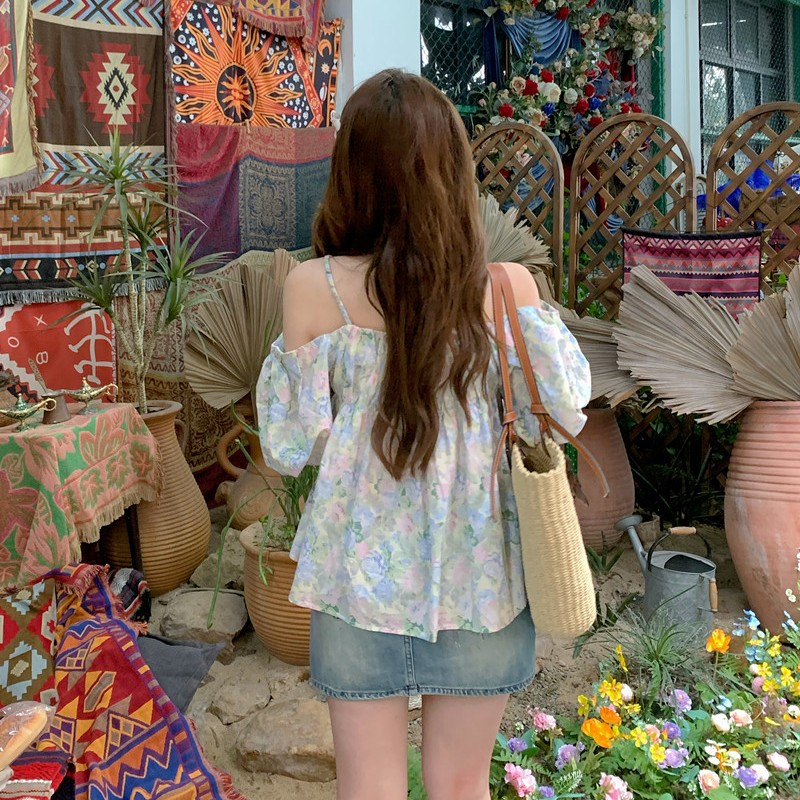 Áo trễ vai tay bồng hoa nhí phong cách hàn quốc, áo bánh bèo TV117