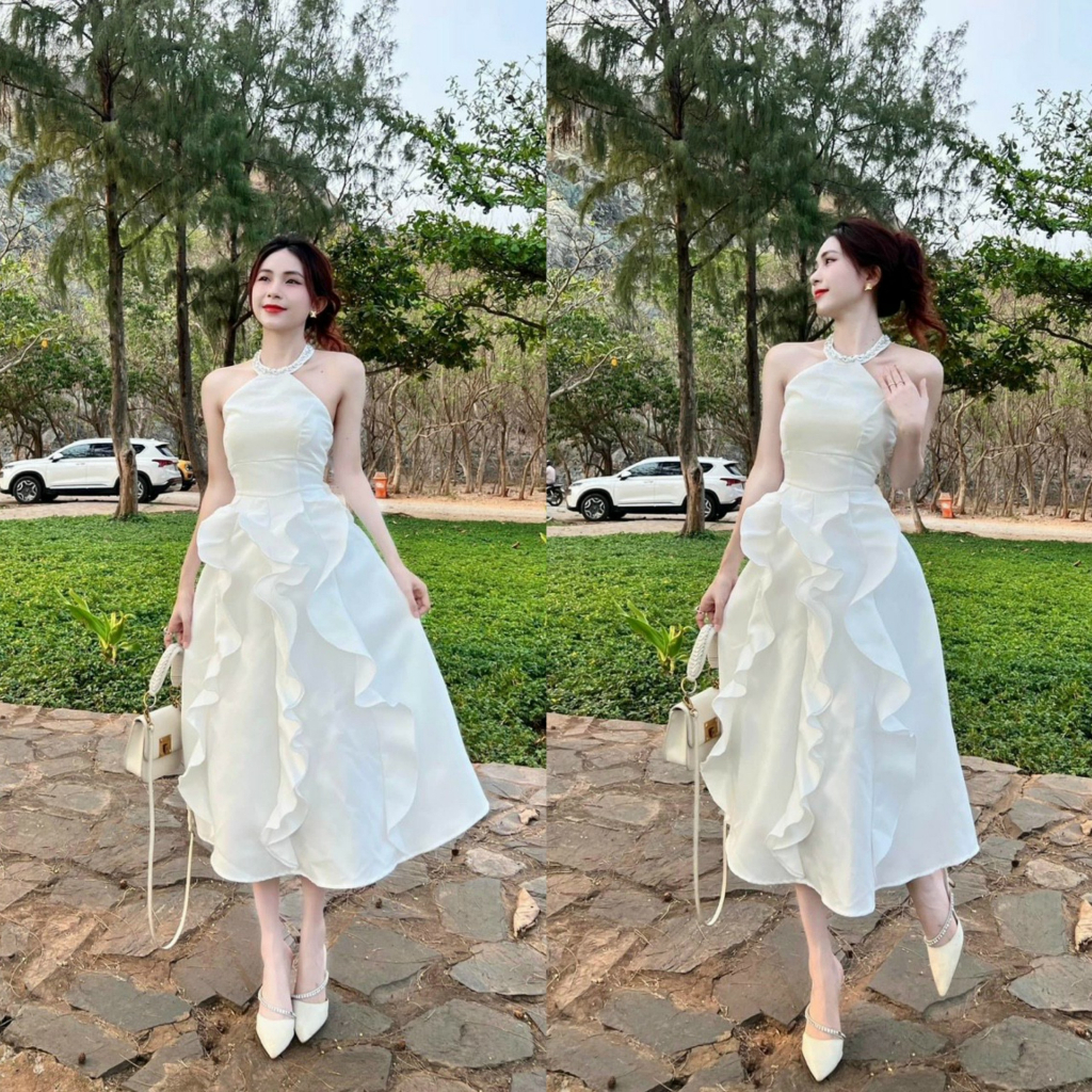 Đầm công chúa cổ yếm ôm eo dáng xòe đính cườm siêu xinh duyên dáng, đáng yêu phù hợp đi chơi, dự tiệc