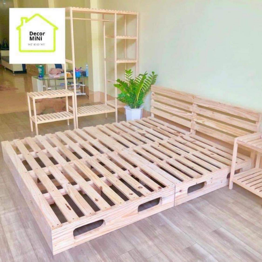 GIƯỜNG PALLET GỖ THÔNG CHÂN CAO 20CM TỪ 1m2 1m4 1m6 1m8