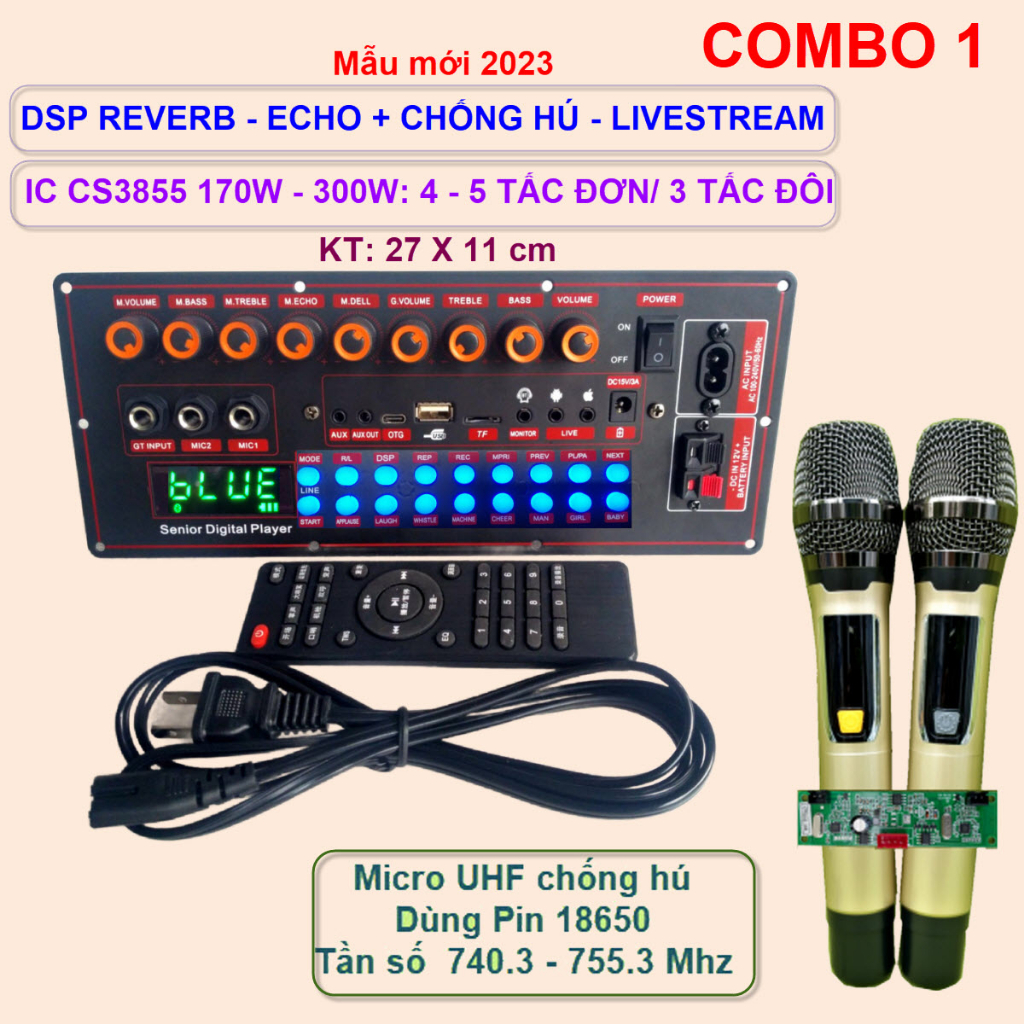 Mạch loa kéo LIVESTREAM DSP REVERB – ECHO CHỐNG HÚ IC CS3855 170W – 300W kèm Micro