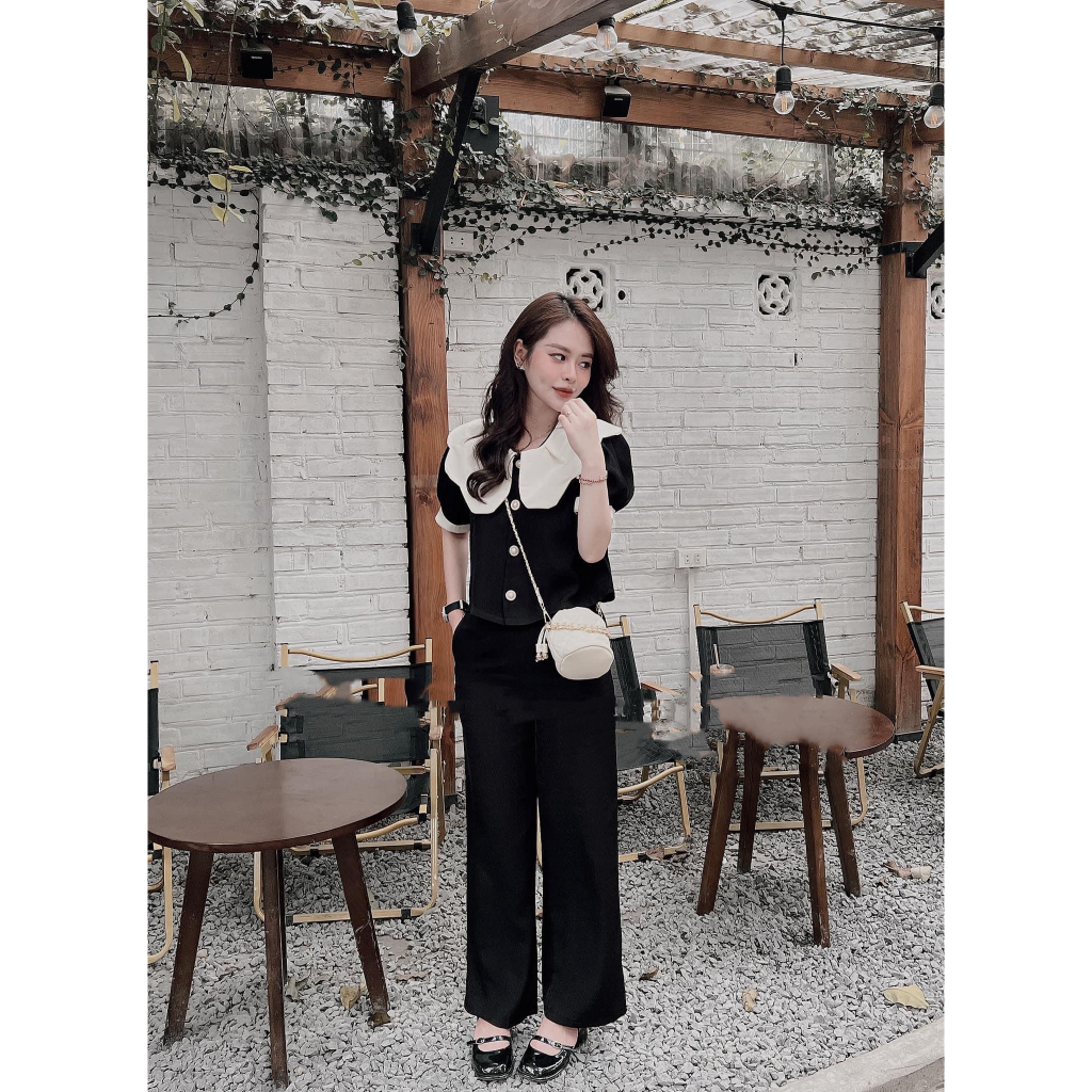 Set Áo Cổ Trắng Bèo Sen Mix Quần Ống Xuông Dài Tiểu Thư