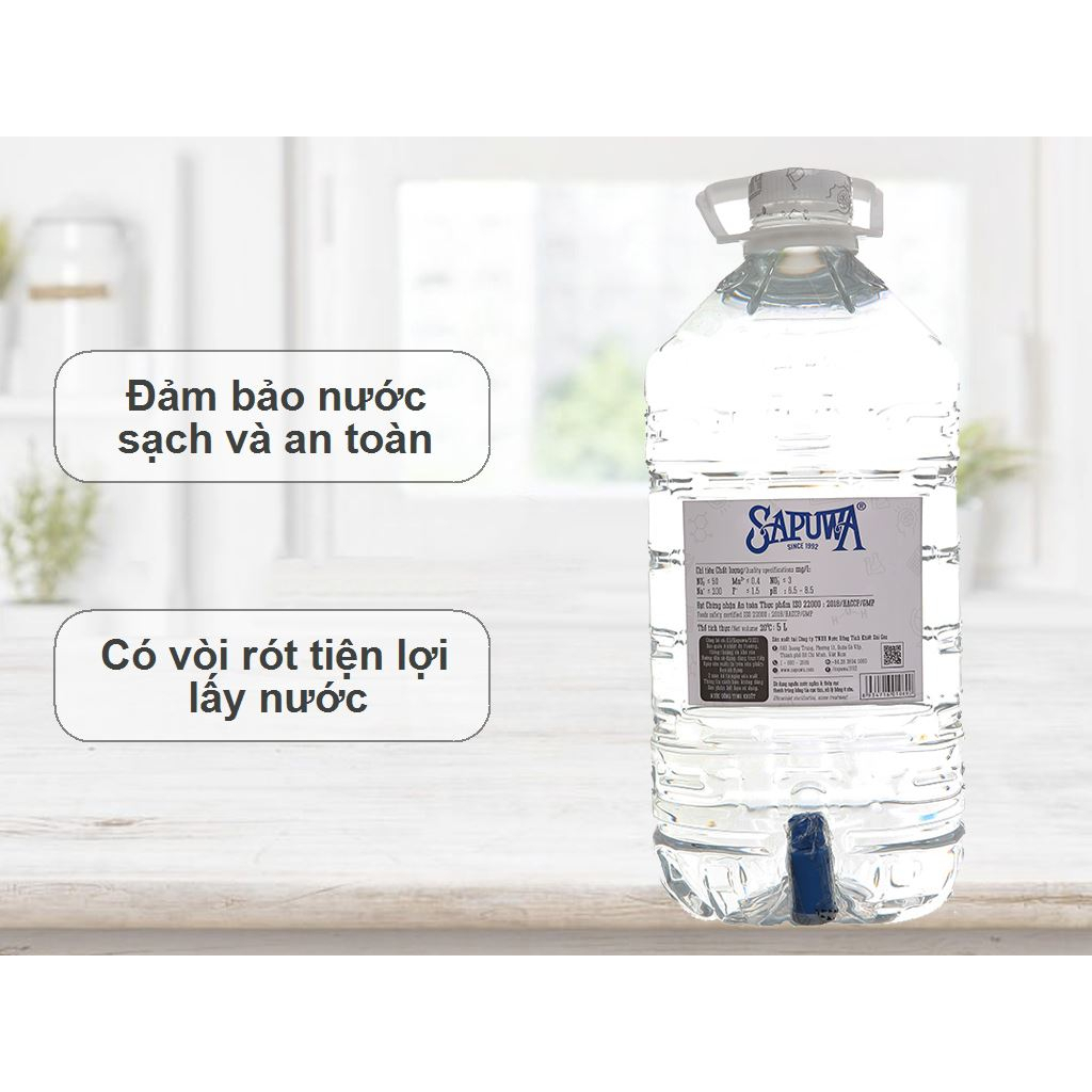 Thùng 4 chai nước tinh khiết SAPUWA 5L có vòi / Combo 2 can nước tinh khiết SAPUWA 5L có vòi