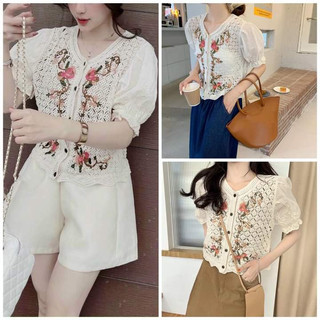 Áo sơ mi nữ áo croptop len móc thêu hoa dây xinh xắn