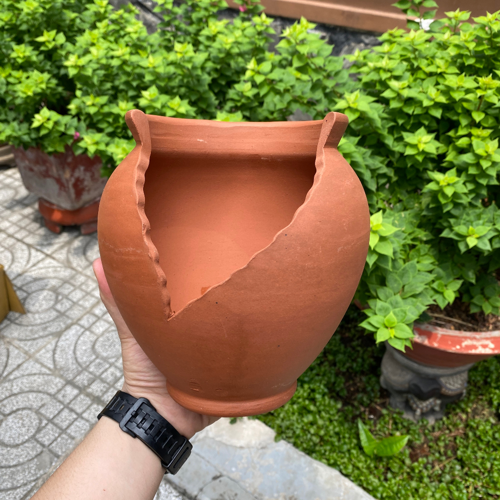 Chậu đất nung - Chậu trồng sen đá, xương rồng - Chậu chum xẻ lớn miệng 14cm, cao 19cm
