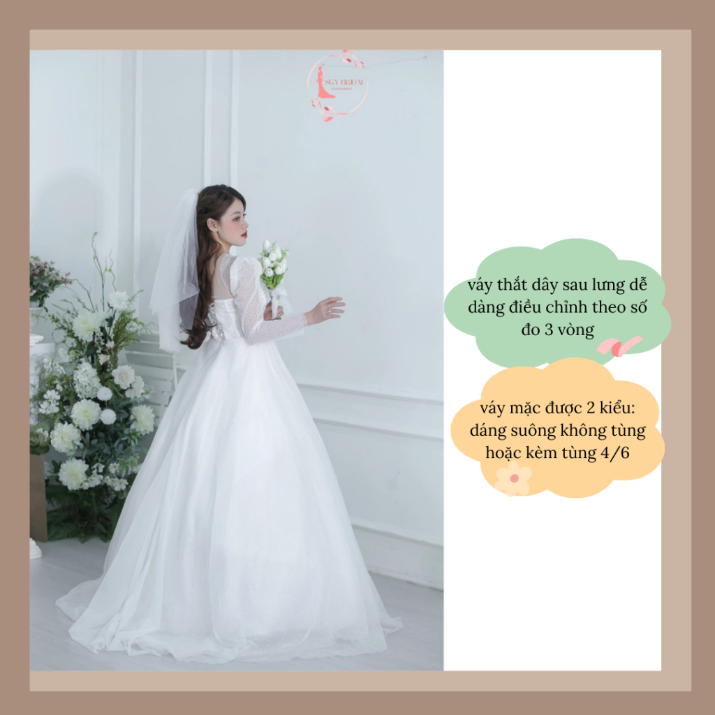 SKY Bridal Váy cưới cô dâu dài tay dáng suông nhẹ hoa văn dọc thân váy