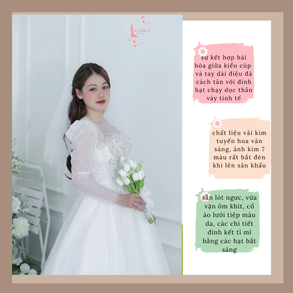 SKY Bridal Váy cưới cô dâu dài tay dáng suông nhẹ hoa văn dọc thân váy