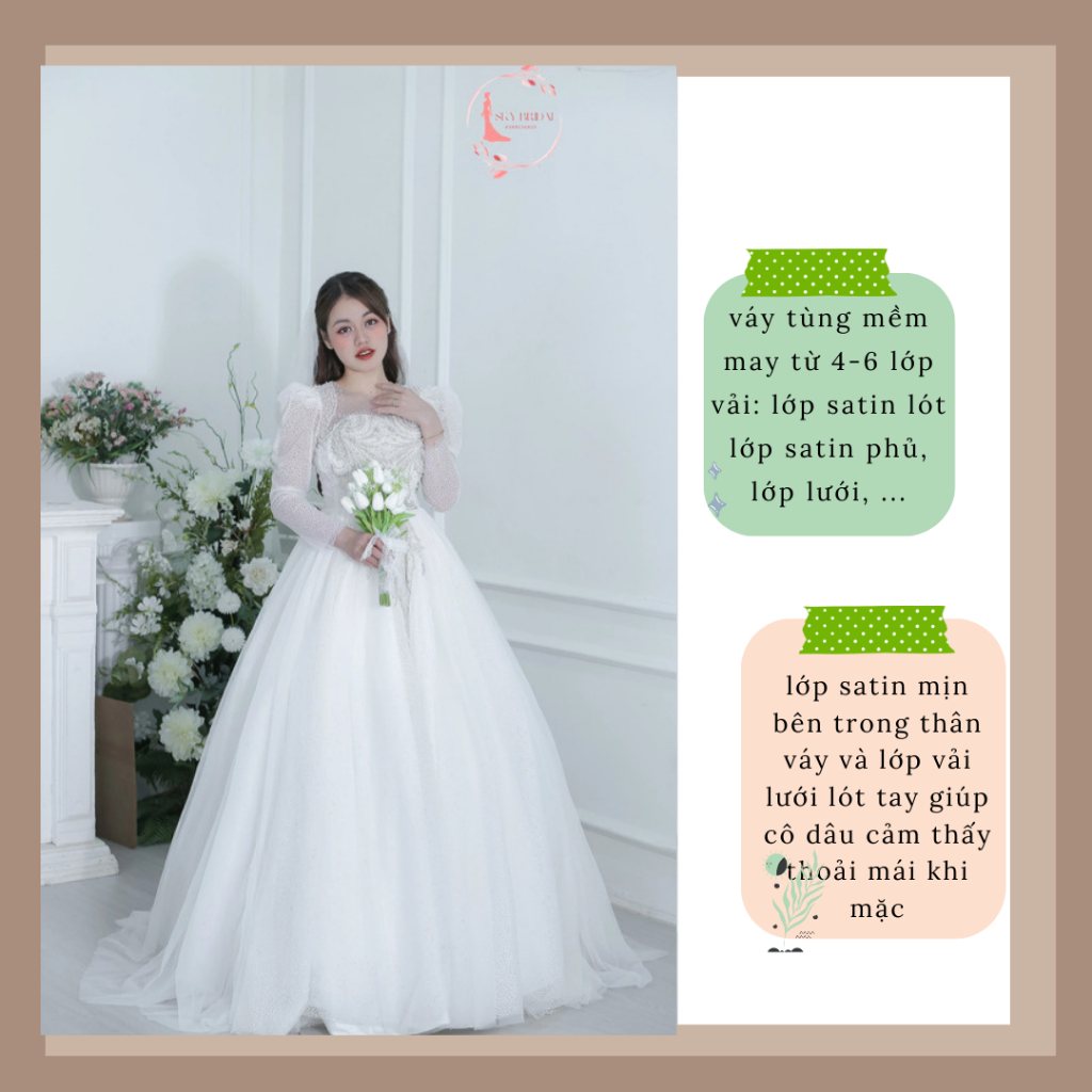 SKY Bridal Váy cưới cô dâu dài tay dáng suông nhẹ hoa văn dọc thân váy