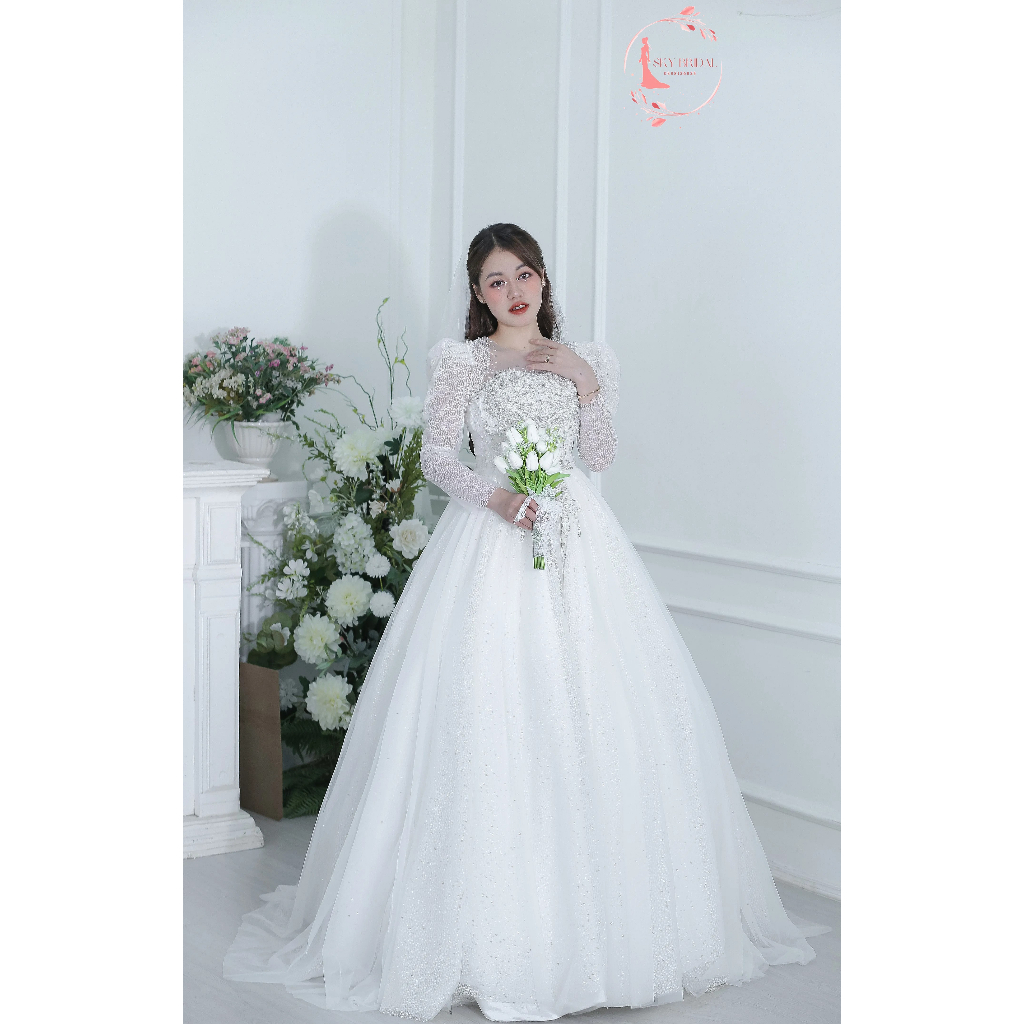 SKY Bridal Váy cưới cô dâu dài tay dáng suông nhẹ hoa văn dọc thân váy