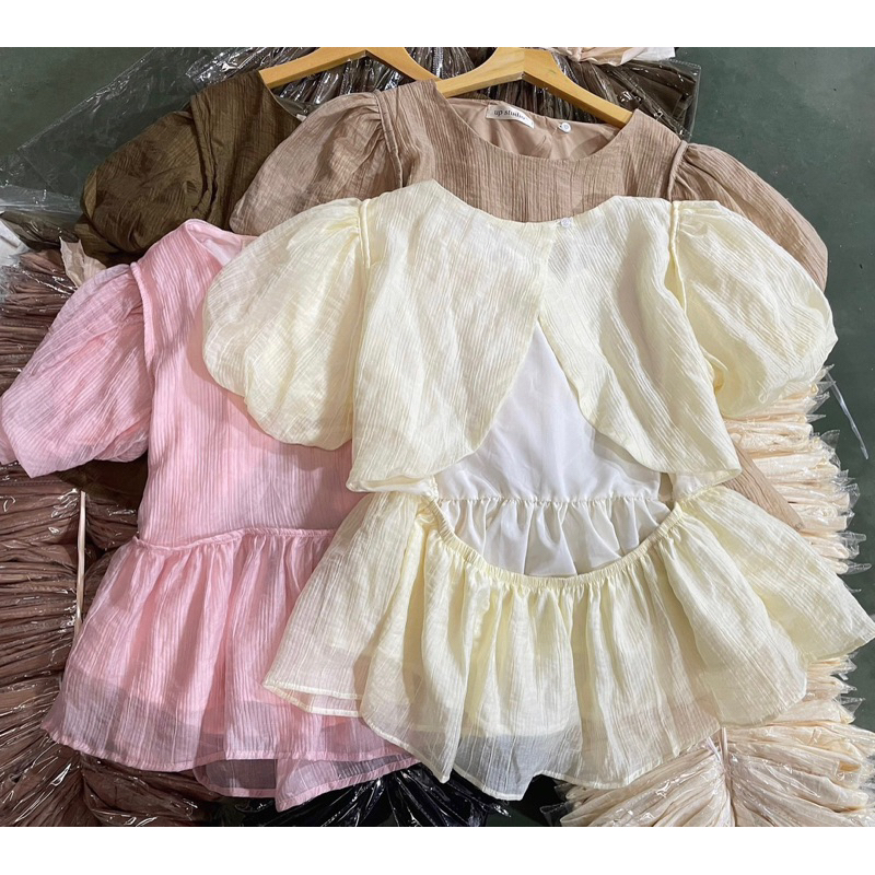 Áo kiểu tay phồng hở lưng chất tơ 2 lớp dáng peplum, Lipeo.store
