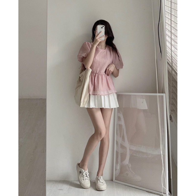 Áo kiểu tay phồng hở lưng chất tơ 2 lớp dáng peplum, Lipeo.store