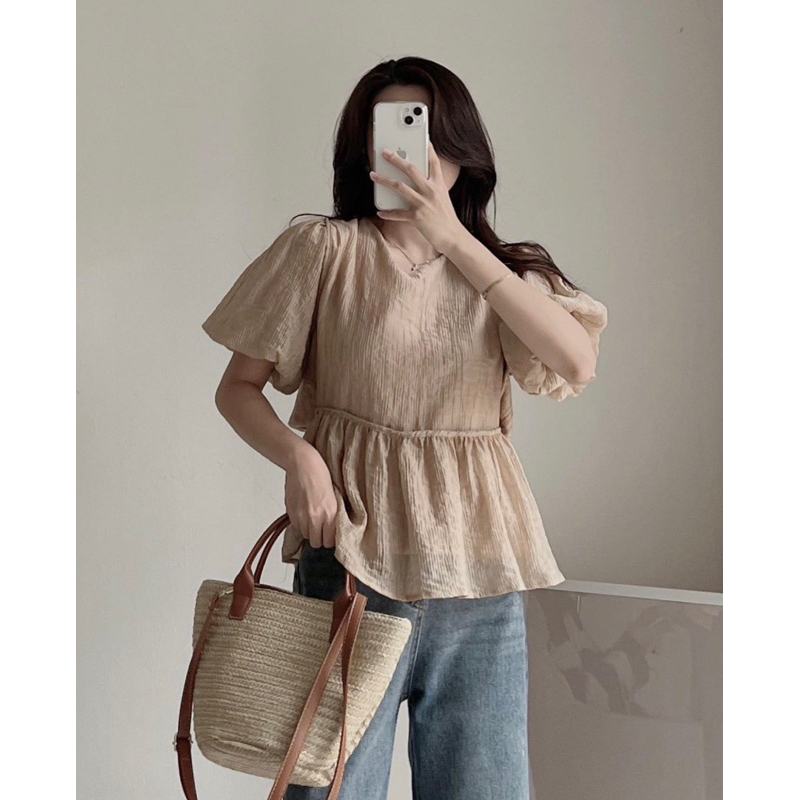 Áo kiểu tay phồng hở lưng chất tơ 2 lớp dáng peplum, Lipeo.store