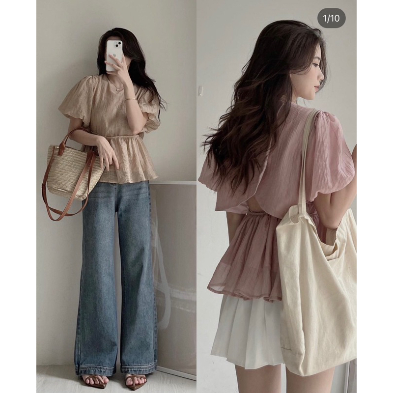 Áo kiểu tay phồng hở lưng chất tơ 2 lớp dáng peplum, Lipeo.store
