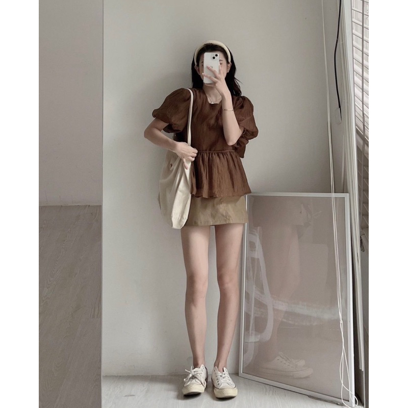 Áo kiểu tay phồng hở lưng chất tơ 2 lớp dáng peplum, Lipeo.store