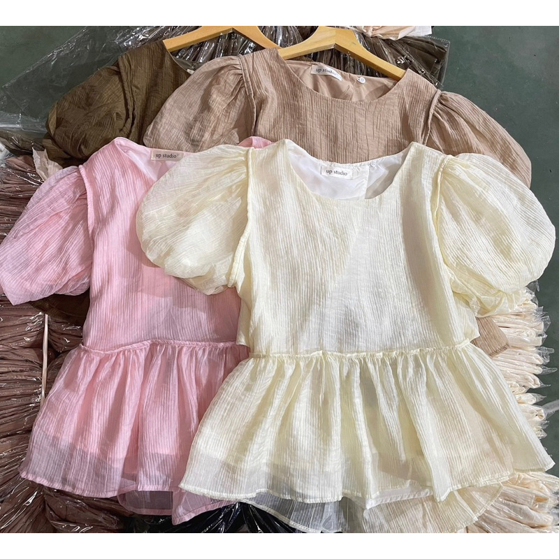 Áo kiểu tay phồng hở lưng chất tơ 2 lớp dáng peplum, Lipeo.store