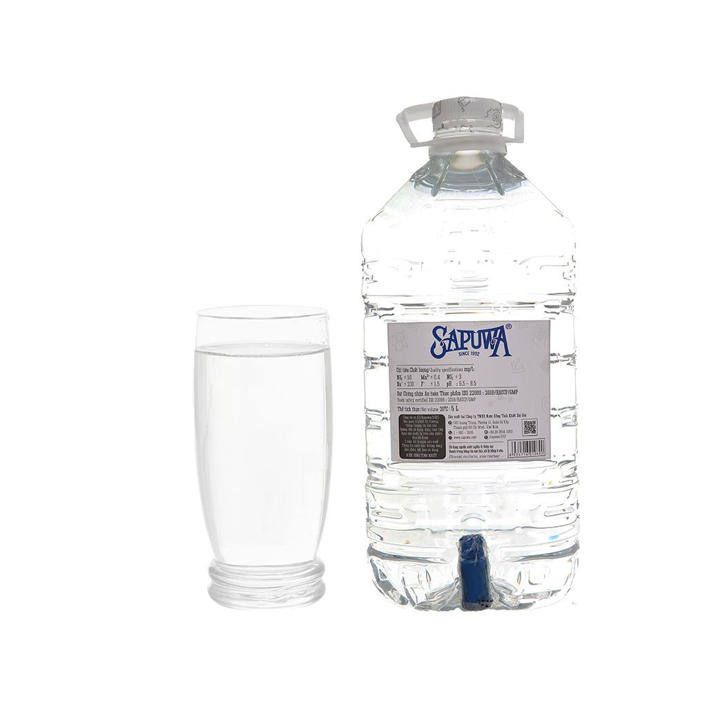 Thùng 4 chai nước tinh khiết SAPUWA 5L có vòi / Combo 2 can nước tinh khiết SAPUWA 5L có vòi