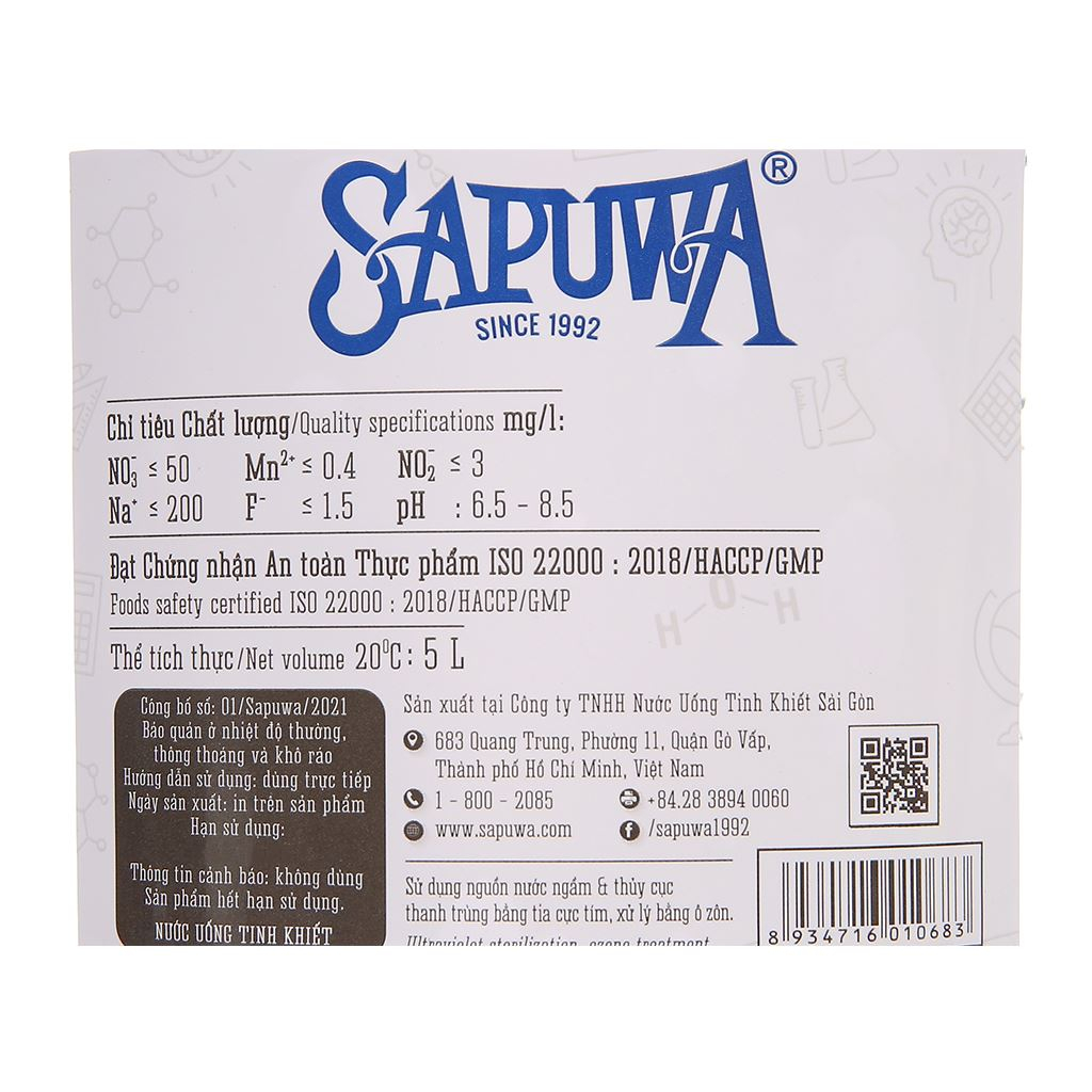 Thùng 4 chai nước tinh khiết SAPUWA 5L / Combo 2 can nước tinh khiết SAPUWA 5L