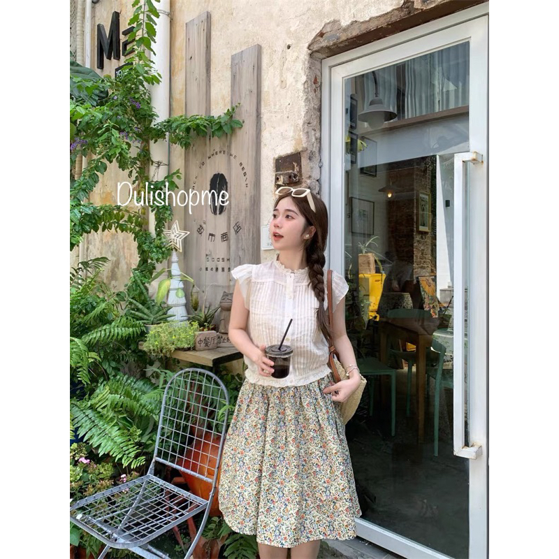 ((ORDER)-Set áo sơmi chân váy hoa mùa hè 2023 vintage Hàn Quốc-Mới
