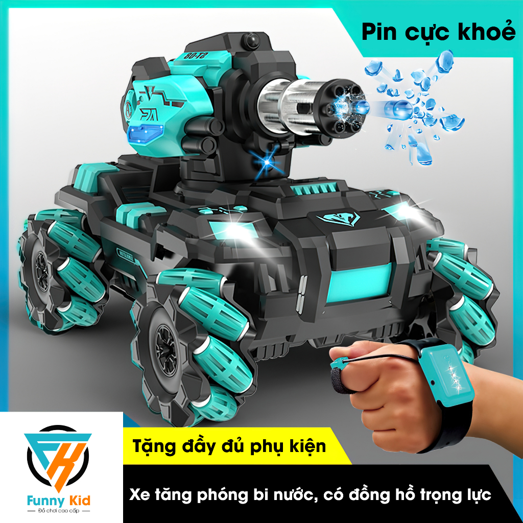 Xe tăng điều khiển từ xa phóng bi nước, Xe tăng đồ chơi có nhạc và đèn, Tặng đầy đủ phụ kiên, Sạc Pin nhanh
