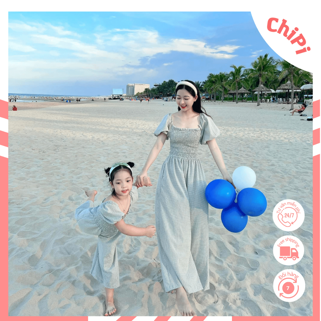 Váy đôi mẹ và bé ChiPi Jumsuit caro xanh chất thô cotton thoáng mát