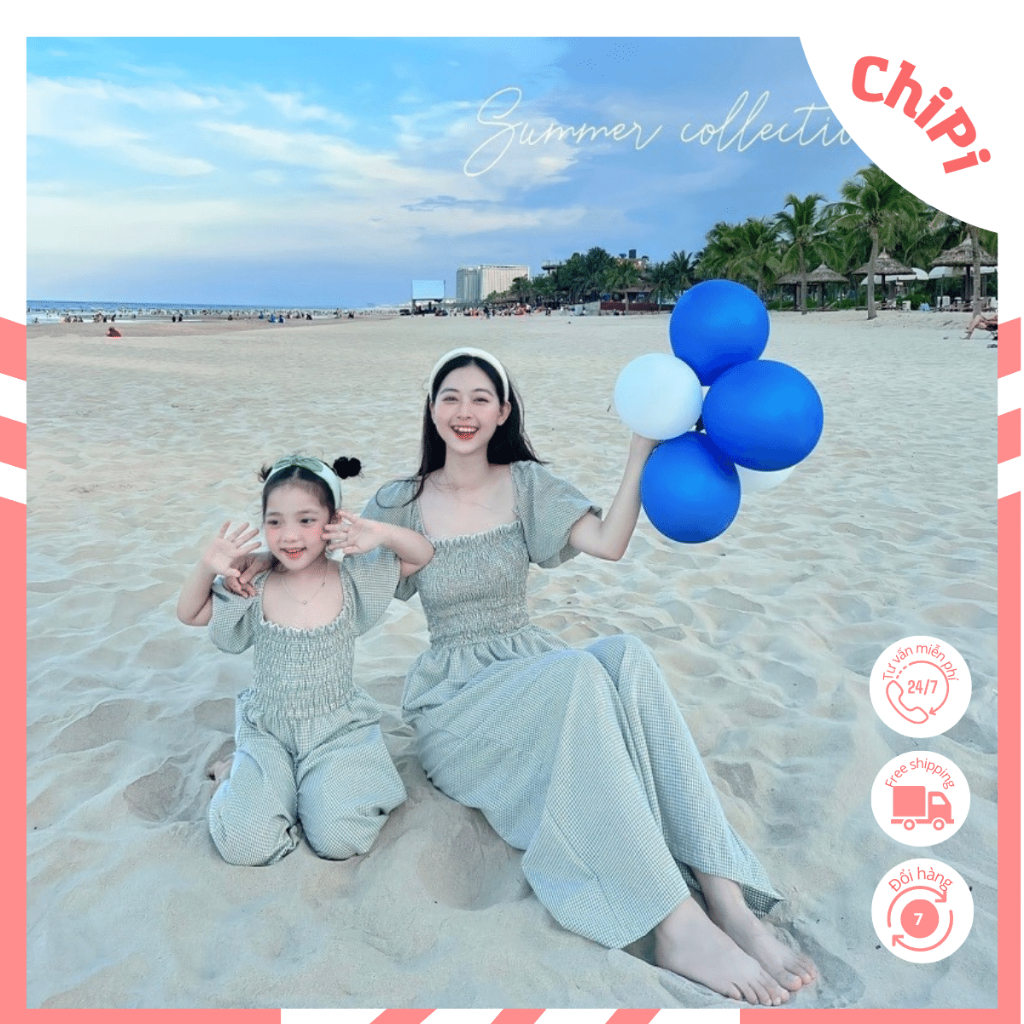 Váy đôi mẹ và bé ChiPi Jumsuit caro xanh chất thô cotton thoáng mát
