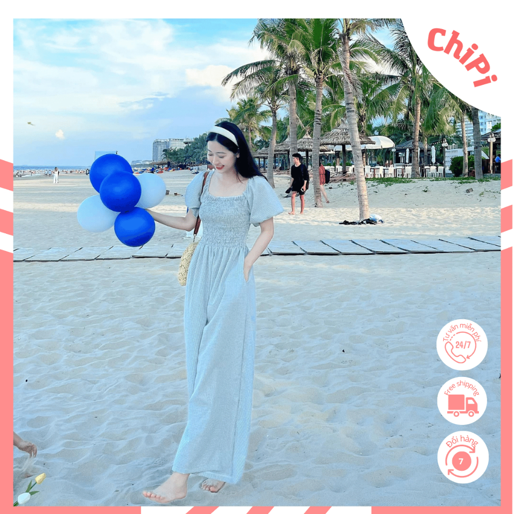 Váy đôi mẹ và bé ChiPi Jumsuit caro xanh chất thô cotton thoáng mát