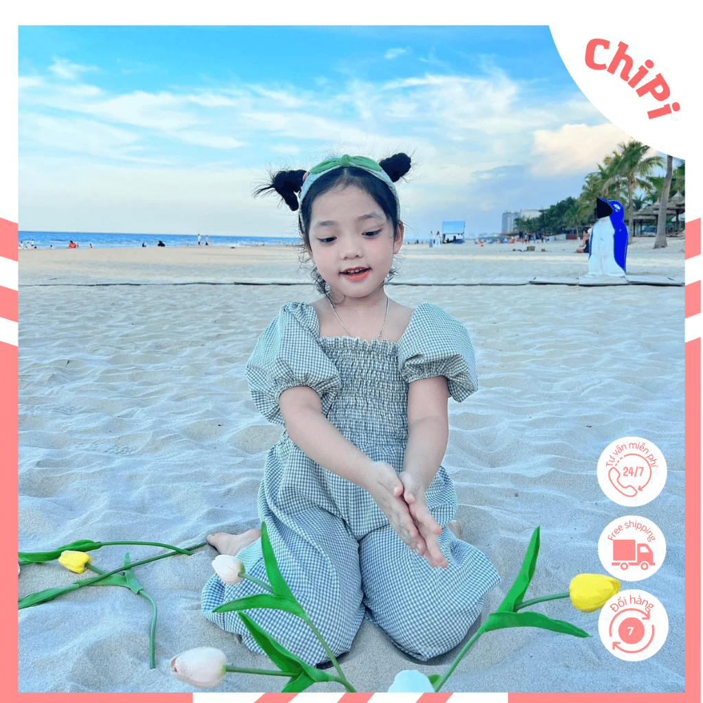 Váy đôi mẹ và bé ChiPi Jumsuit caro xanh chất thô cotton thoáng mát