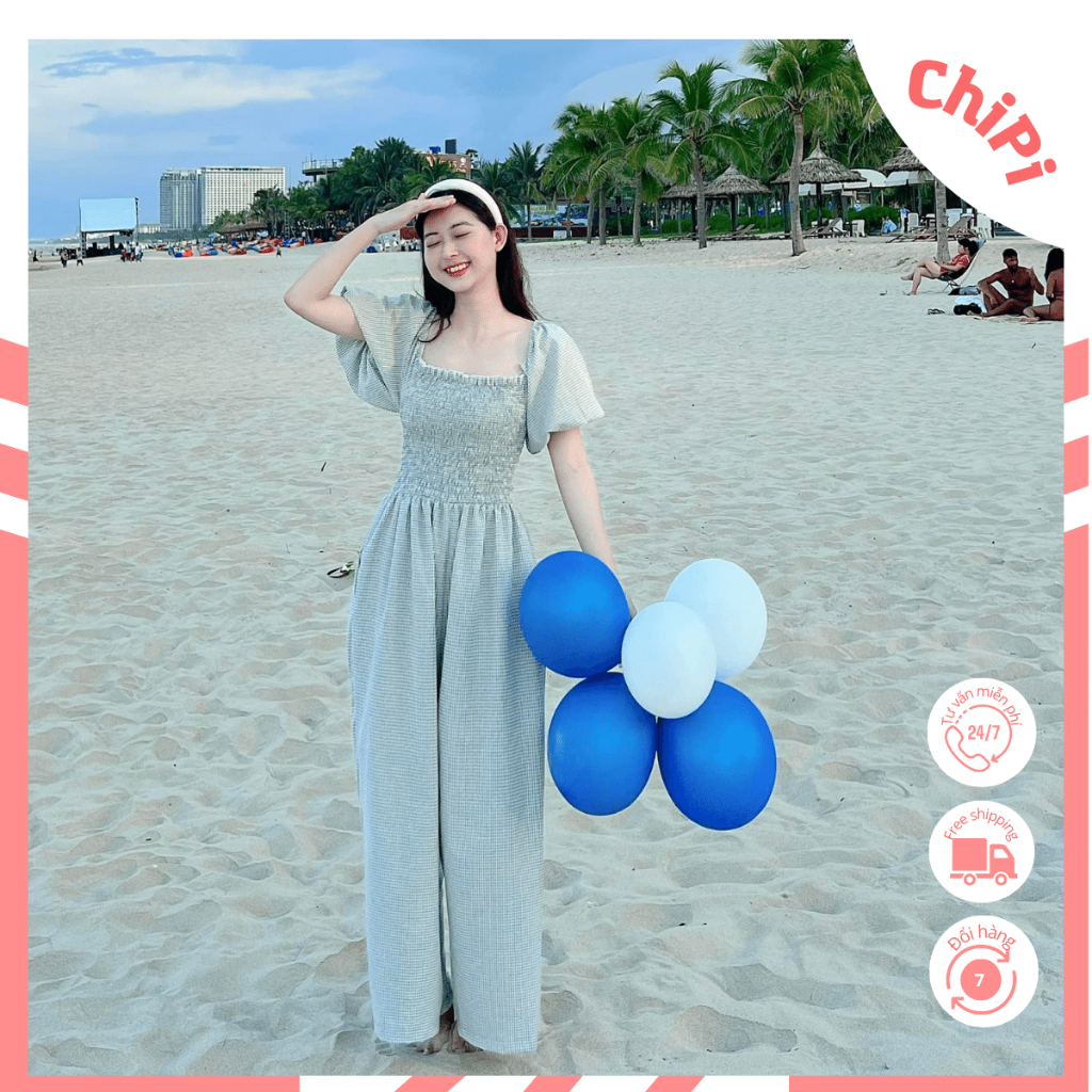 Váy đôi mẹ và bé ChiPi Jumsuit caro xanh chất thô cotton thoáng mát