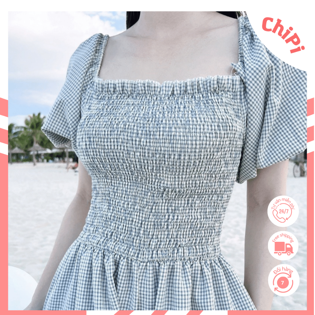 Váy đôi mẹ và bé ChiPi Jumsuit caro xanh chất thô cotton thoáng mát