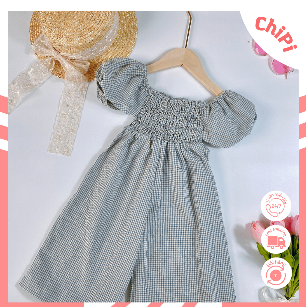 Váy đôi mẹ và bé ChiPi Jumsuit caro xanh chất thô cotton thoáng mát
