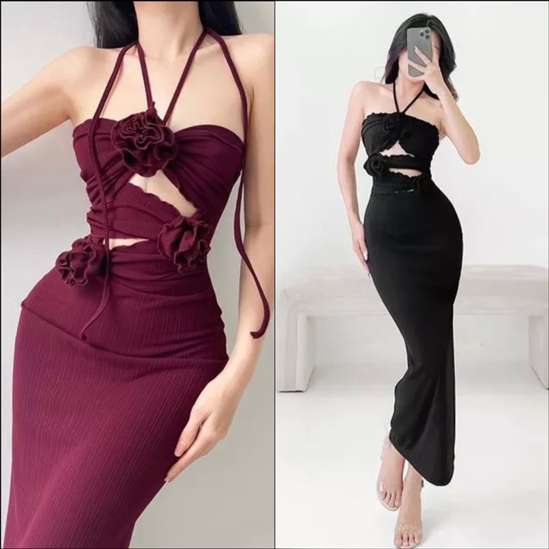 ĐẦM BODY CỔ YẾM HỞ LƯNG ĐÍNH HOA HỞ EO DÁNG DÀI SEXY, ĐẦM BODY GÂN TRUNG