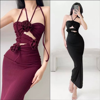 Đầm body cổ yếm hở lưng đính hoa hở eo dáng dài sexy, đầm body gân trung