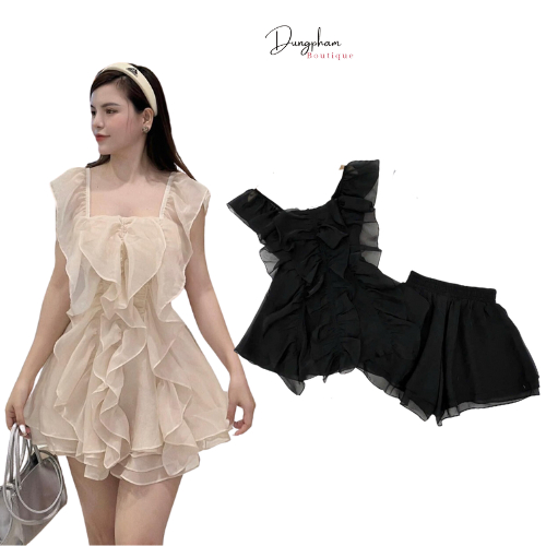 Set bộ đùi áo cổ vuông phối bèo cánh tiên phối quần sooc cạp chun - Anna.Store