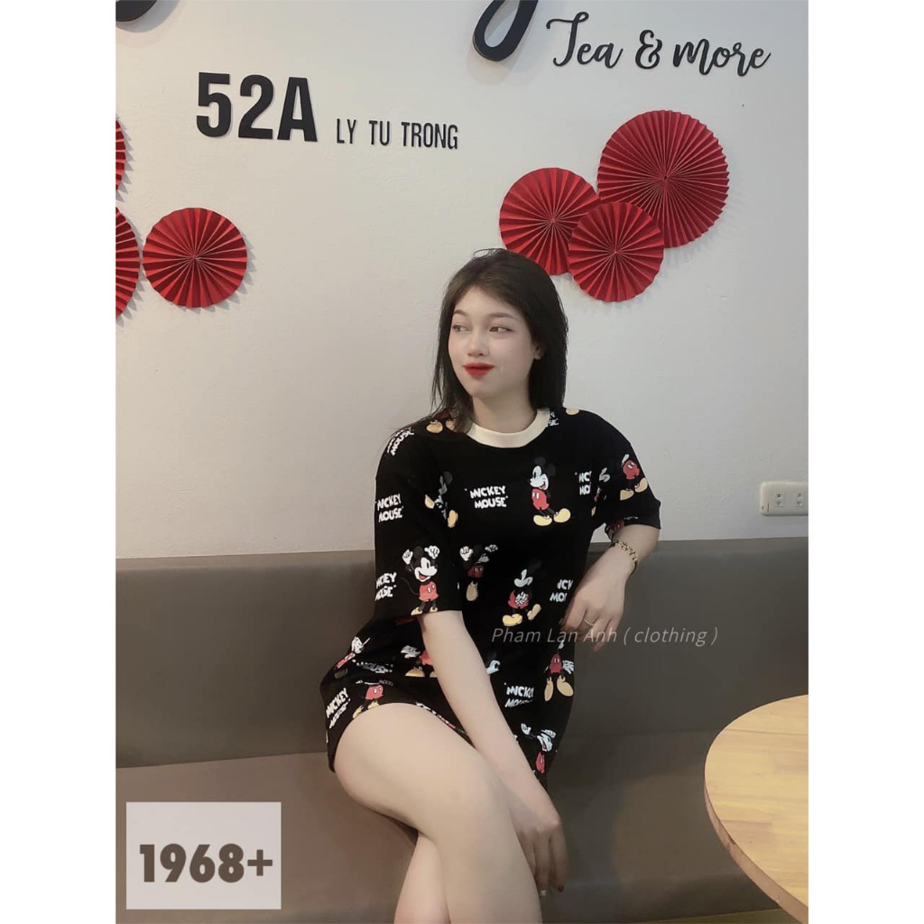 Áo phông in mickey cổ tròn pha 2 màu dáng rộng (kèm ảnh thật)
