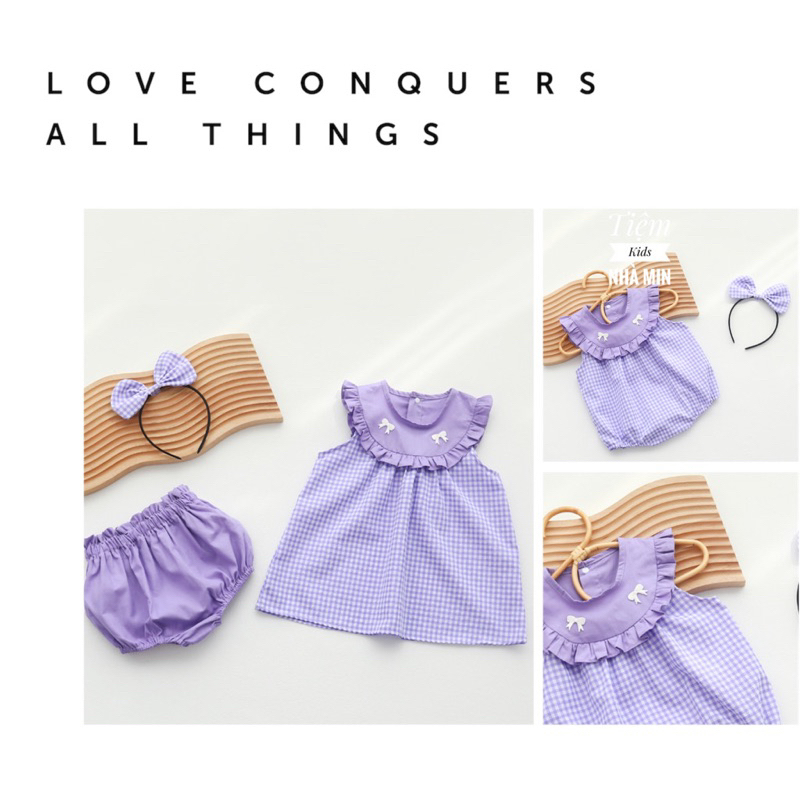 Bodysuit cho bé gái TIỆM KIDS NHÀ MIN, vải caro tím cổ bèo tay sát nách kèm cài nơ