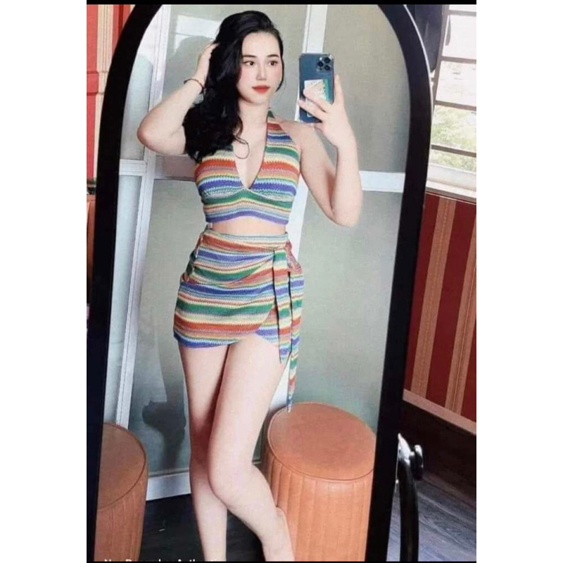 Bikini Bộ Đi Biển cho nữ chất len họa tiết thổ Cẩm cao cấp sẵn hàng