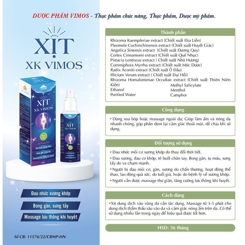Xịt giảm đau xương khớp VIMOS giúp giảm đau nhức mỏi cơ xương  tăng cường lưu thông khí huyết lọ xịt 75ml