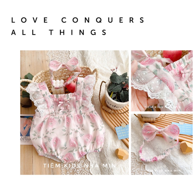 Bodysuit cho bé gái TIỆM KIDS NHÀ MIN, mẫu công chúa cổ vuông, tay bèo tặng kèm băng đô nơ