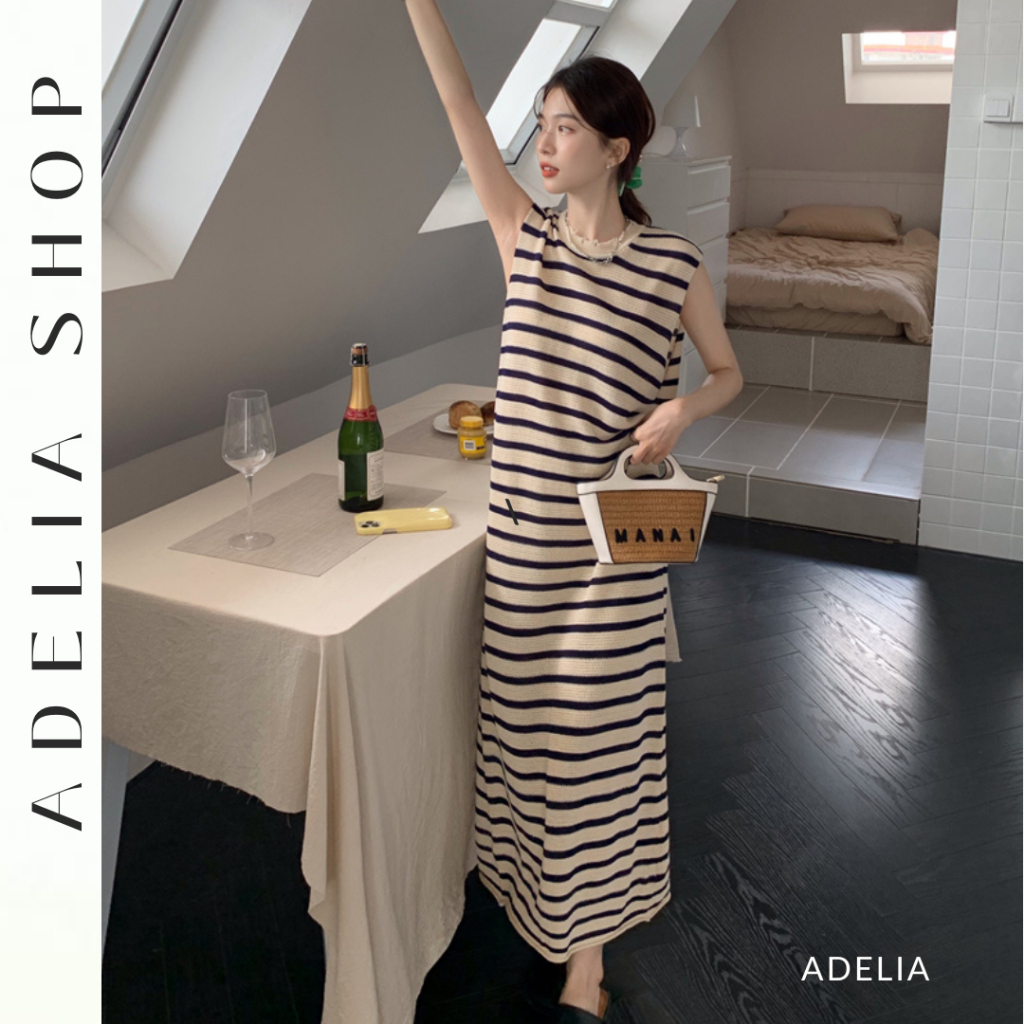 「ADELIA」Đầm 3 Lỗ Cổ Tròn DH158 Dáng Dài Không Tay Sọc Kẻ Ngang Phong Cách Basic Thanh Lịch