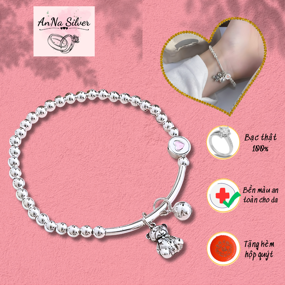 Lắc tay bạc nữ bạc Ta không gỉ, vòng tay bi trơn mix charm gấu chuông freesize thời trang AnNa Silver